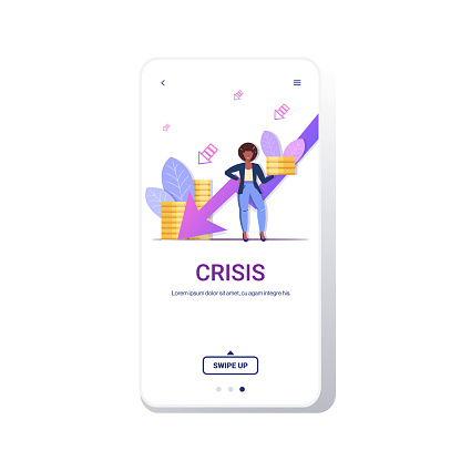 sad businesswoman holding money coins falling down arrow financial crisis bankruptcy concept downward chart full length smatphone screen mobile app copy space vector illustration