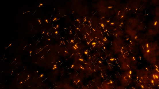 Burning red hot flying sparks fire from left to right in the night sky. Beautiful abstract background flying wing shape on black background. The particle like a lot of insects or bugs.