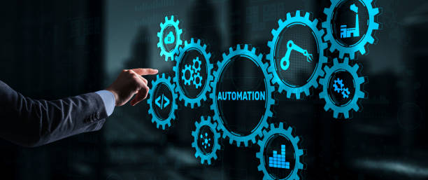 istock Automation Technology Process. Businessman is pressing on the virtual screen 1323287602