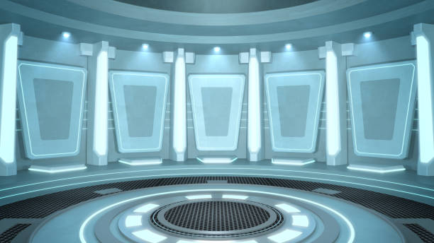 istock Stage Showcase Podium Neon Glowing light Grunge Sci Fi Futuristic,3D Rendering. 1323289277
