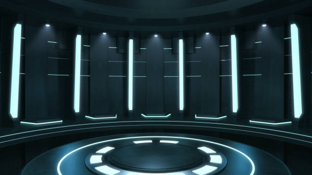 istock Stage Neon Glowing Dark Night Grunge Sci Fi Futuristic Showcase,3D Rendering. 1323289281