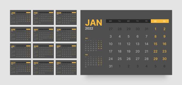 Monthly calendar for 2022 year. Week Starts on Monday. Monthly calendar template for 2022 year. Wall calendar in a minimalist style. In dark colors. Monday is the first day of the week. kalender stock illustrations