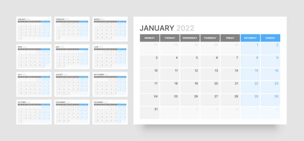 Monthly calendar for 2022 year. Week Starts on Monday. Monthly calendar template for 2022 year. Wall calendar in a minimalist style. Monday is the first day of the week. kalender stock illustrations