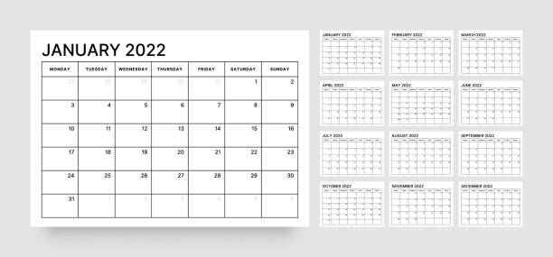 Monthly calendar for 2022 year. Week Starts on Monday. Calendar template for 2022 year with week start on Sunday. kalender stock illustrations