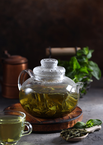 green mint tea in a teapot
