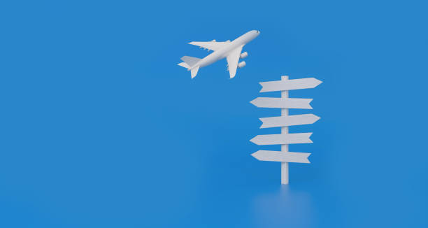 istock Airplane fly and White crossroads signage pointing different directions on blue background. vacation concept. 1323292488