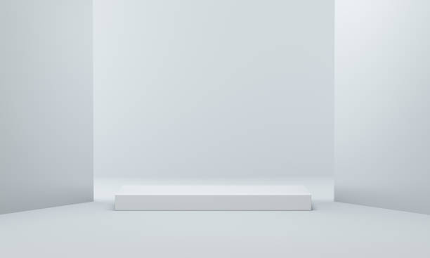 istock Clear Large stage podium platform on white modern living room illuminated. Concept for product display. 1323292492