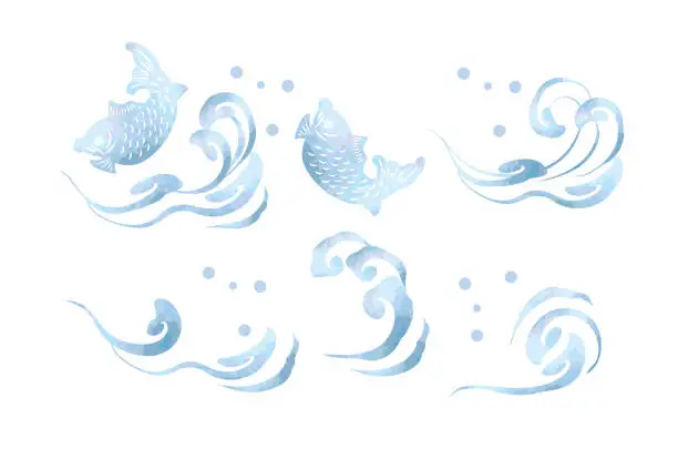 Vector illustration of Watercolor style tsunami and sea bream vector illustration material set