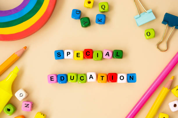 Special education words, child care, disability concept. Colorful office suplies flat lay with wooden cubes. Special education words, child care, disability concept. Colorful office suplies flat lay, wooden cubes special education stock pictures, royalty-free photos & images
