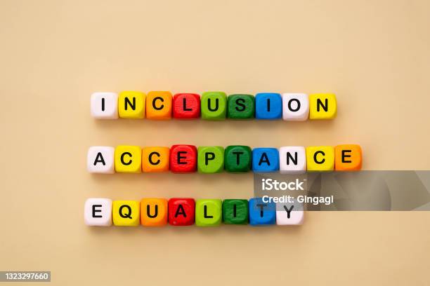 Inclusion Acceptance And Equality Words Made From Colorful Wooden Cubes Inclusive And Tolerance Social Concept Flat Lay Stock Photo - Download Image Now