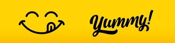 stockillustraties, clipart, cartoons en iconen met lekkere gezichtsglimlach met tonglik, smakelijk heerlijk voedsel vectorembleem. lekkere glimlach of yum gezichtsmond met heerlijke likkende tong - tong uitsteken