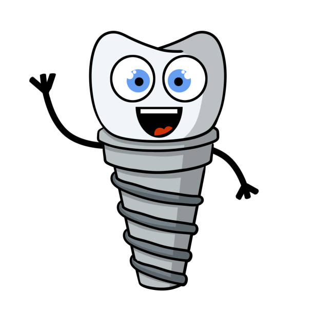 Tooth pin with happy face. Dentist element. Dental care and implant. Tooth pin with happy face. Dentist element. Dental care and implant. Operation for health. Smiling cute character. Medical white part with the thread for the mouth cute cartoon dental implants stock illustrations