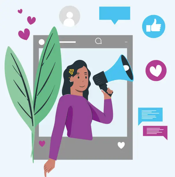 Vector illustration of Social media influencer. Illustration with a young pretty woman holding megaphone in the social profile frame. Different social media icons. Vector illustration in flat style