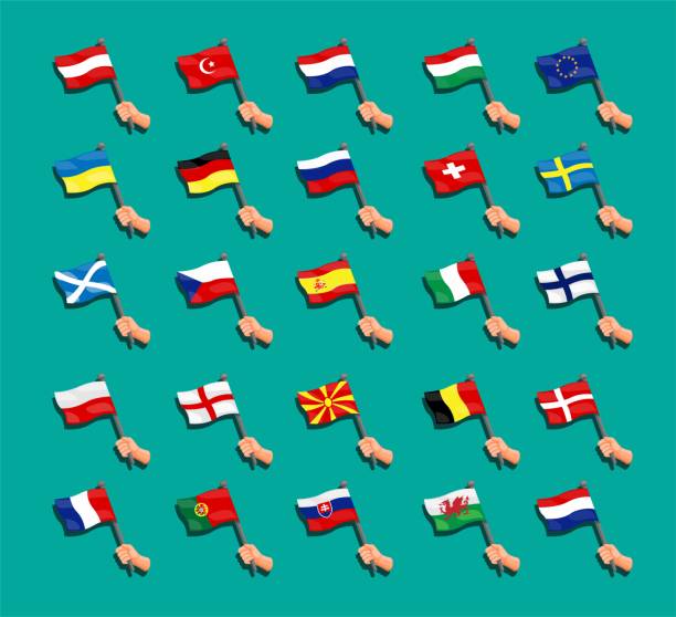 ilustrações de stock, clip art, desenhos animados e ícones de euro flag collection set. european national countries flag symbol with hand illustration vector - holanda futebol