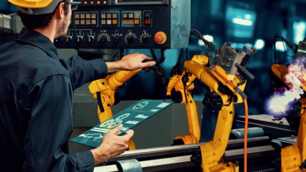 istock Smart industry robot arms modernization for innovative factory technology 1323305545