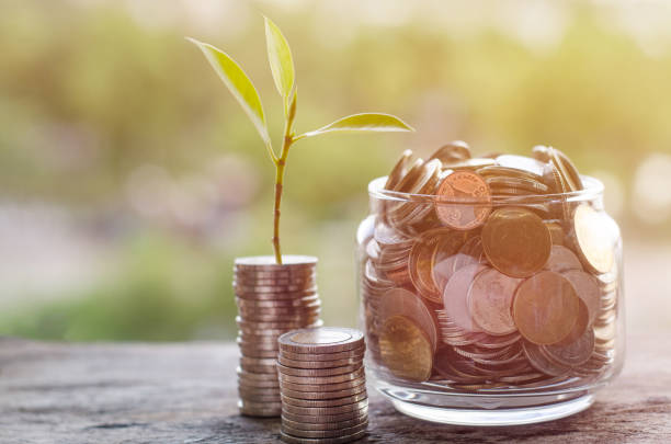 istock Closed up coin in glass bottle with young growing tree on coin stack over blur nature background 1323306347
