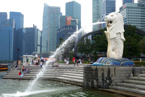 Singapore- Oct 13, 2017: A view of Merlion at Merlion Park in Singapore. The Merlion is widely used as a mascot and national personification of Singapore.