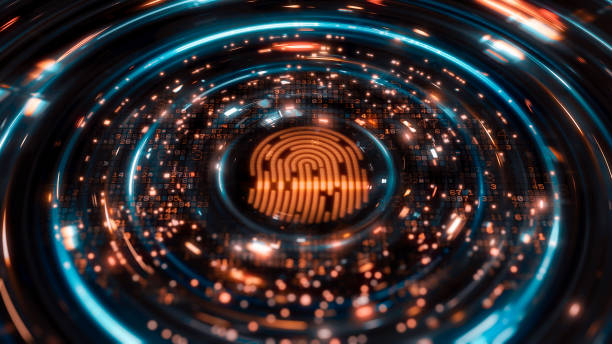Digital fingerprint scanning verification process Digital work of fingerprint digital panel during scanning and verification process on futuristic background. forensic science stock pictures, royalty-free photos & images