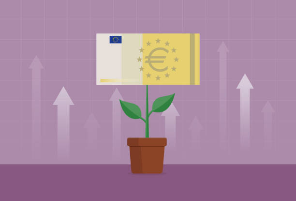 illustrazioni stock, clip art, cartoni animati e icone di tendenza di imprenditore pianta una banconota in euro - bce
