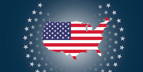 America celebration concept: 3D rendered patriotism background with the American map and the flag surrounded by many stars and bold text. Large copy space, use your own text for presidents day, 4th of July, elections and all US national events.