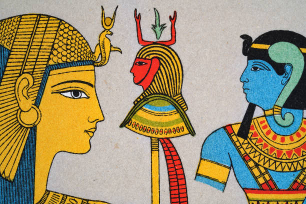 древние египетские фигуры, королева жена рамсеса ii, стандарт рамсеса iii, гор - культура египта иллюстрации stock illustrations