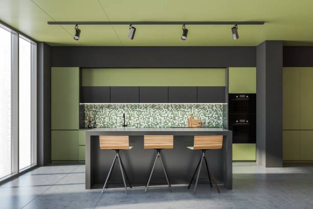 istock Green and gray kitchen interior with bar 1323313365