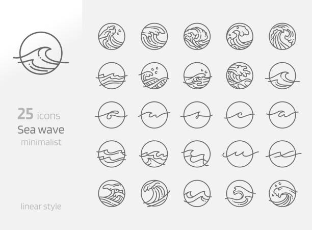 Sea wave line art minimalist vector illustration Sea wave line art minimalist vector illustration. Ocean round icon and symbol and creativity alphabet line water design concept. surfing stock illustrations