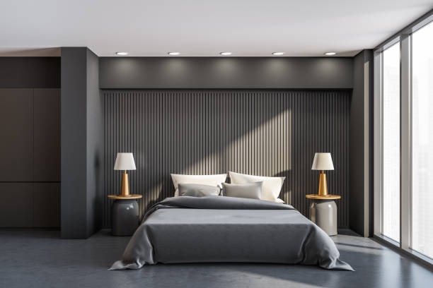 istock Grey bedroom interior with bed and linens near window, mockup 1323313538
