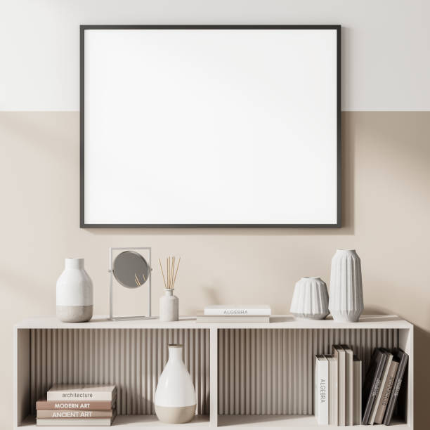 istock Light living room interior with drawer and books, poster mock up 1323313621