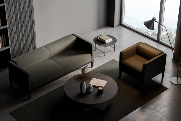 istock Minimalistic grey living room corner with sofa, bookcase and coffee table, top view 1323313644