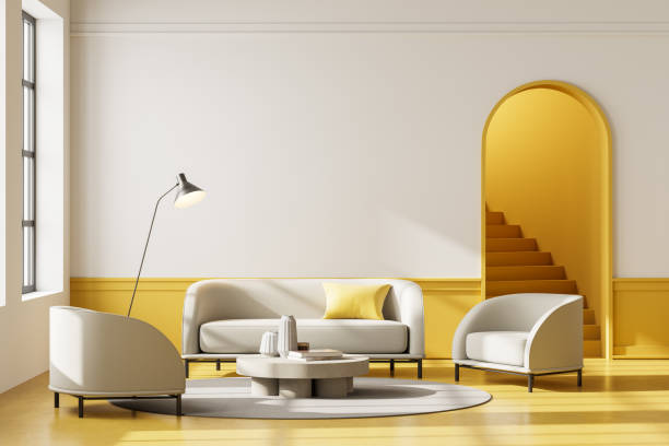istock Light living room interior with sofa and chairs on yellow floor, mockup 1323313688