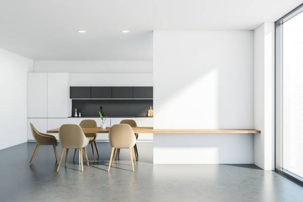 istock White kitchen interior with table and chairs near window, mockup 1323315006
