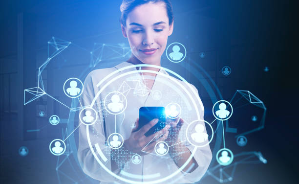 istock Businesswoman with phone in hands, data symbols with network circuit 1323315564