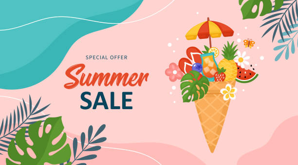 Summer background template for social media, banner or poster design. Ice cream waffle cone and summer elements creative concept. Summer background template for social media, banner or poster design. Ice cream waffle cone and summer elements creative concept. drink umbrella stock illustrations
