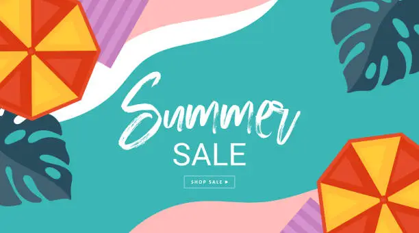 Vector illustration of Summer sale banner design with umbrella and sea beach top view background. Template for social media, banner or poster design.