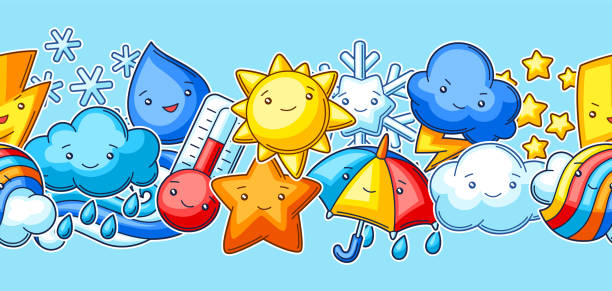 ilustraciones, imágenes clip art, dibujos animados e iconos de stock de patrón sin costuras con lindos artículos meteorológicos kawaii. divertida ilustración infantil de temporada. - seamless pattern meteorology snowflake