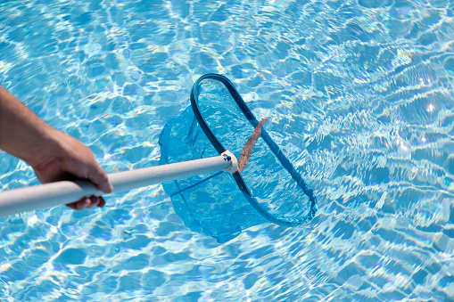 Male hand holding a Skimmer net and cleaning swimming pool