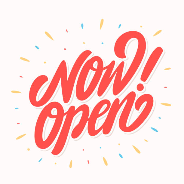 Now open sign. Vector handwritten lettering. Now open sign. Vector handwritten lettering. Vector illustration. open sign stock illustrations