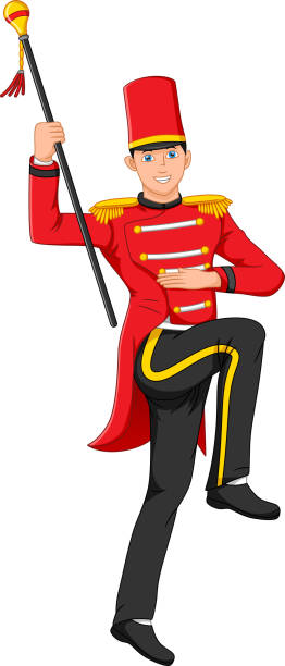 ilustraciones, imágenes clip art, dibujos animados e iconos de stock de chico lindo con traje de líder de banda de música - parade marching band trumpet musical instrument