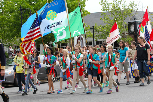 Girl Scout Parade on Memorial Day Ceremony Held in Lexington, MA on Tuesday, Sunday, May 24, 2015.