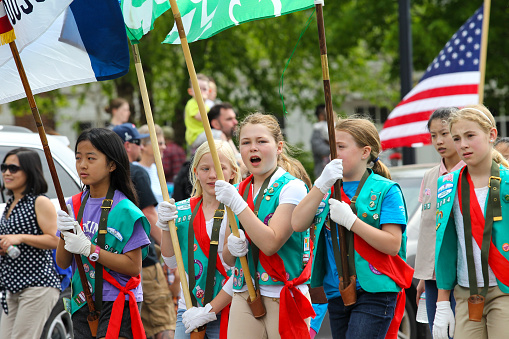Boy Scout and Girl Scout Parade on Memorial Day Ceremony Held in Lexington, MA on Tuesday, Sunday, May 24, 2015.