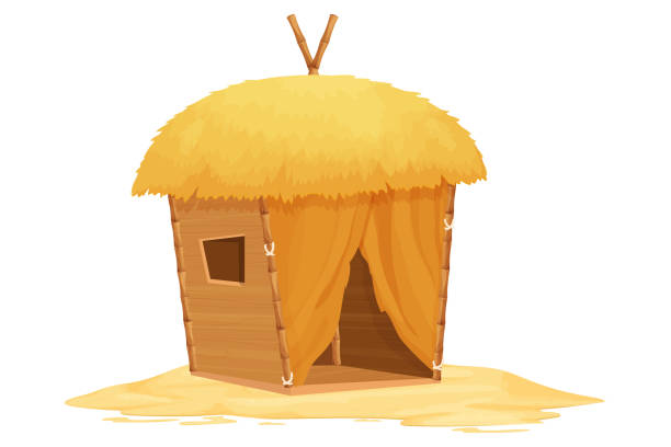 Beach bungalow, tiki hut with straw roof, bamboo and wooden details on sand in cartoon style isolated on white background. Fantasy building with palm trees, torch. Travel concept. Vector illustration Beach bungalow, tiki hut with straw roof, bamboo and wooden details on sand in cartoon style isolated on white background. Fantasy building with palm trees, torch. Travel concept. Vector illustration straw roof stock illustrations