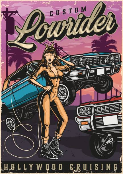 lowrider пользовательских американских автомобилей красочный плакат - low rider stock illustrations