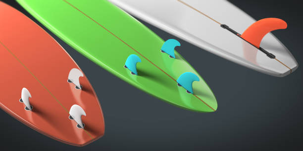 Different side by side and opposite surfboards in different colors - 3d illustration Different side by side and opposite surfboards in different colors - 3d illustration surfboard fin stock pictures, royalty-free photos & images