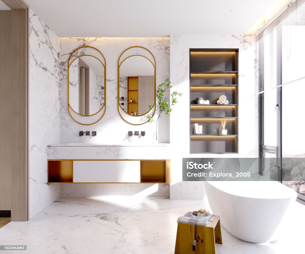 3D Render of Luxury Bathroom Bathroom Stock Photo