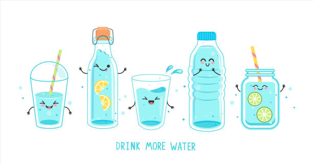 ilustraciones, imágenes clip art, dibujos animados e iconos de stock de juego de agua limpia y fresca en botellas, vasos. - lemon isolated clean water