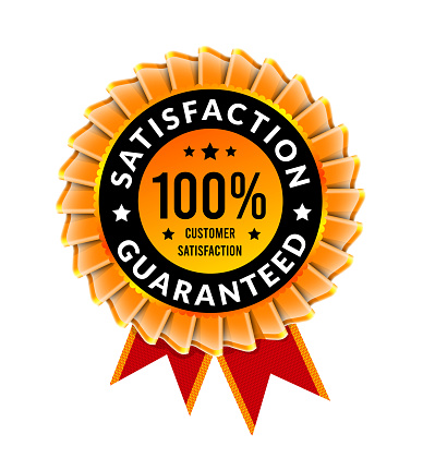100 percent satisfaction guaranteed. Badge with ribbon template. Vector illustration on white background