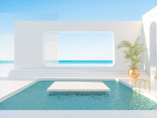istock Summer scene with geometrical forms, arch with a podium in natural day light. sea view. 1323349314