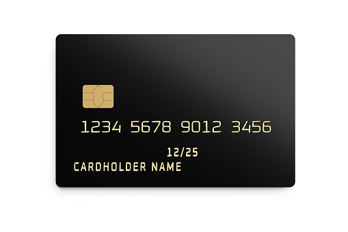 Black plastic card with chip isolated on white background. 3D rendering template mockup.