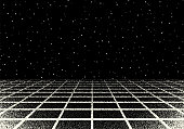 istock Retro dotwork landscape with 80s styled laser grid and stars background from old sci-fi book or poster 1323352418